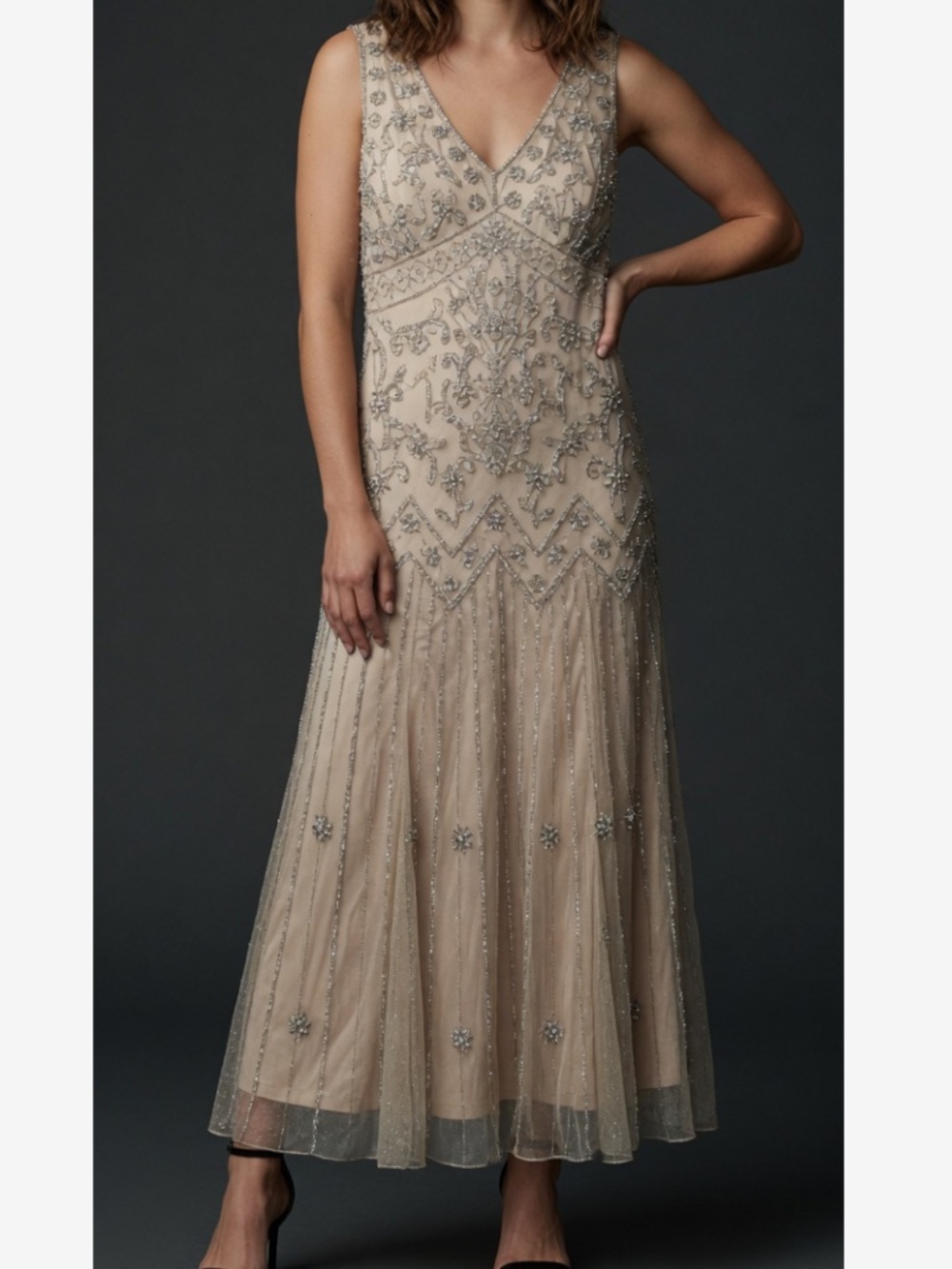 Pisarro Nights formal fitted maxi dress, tan, sequins size 12